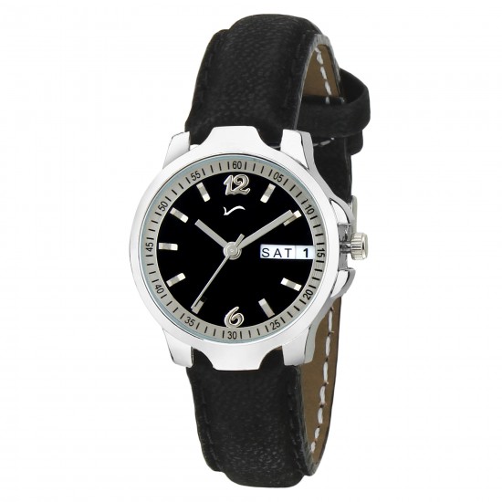 WRIGHTRACK Exclusive Series Quartz Movement Leather Strap Day & Date Black Dial Analogue Women's and Girl's Wrist Watch (WTSM86)